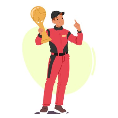 Mutlu adam go-kart şampiyonu çizgi film kahramanı elinde altın ödüllü ödül ile dünya çapındaki hızlı motor sporları yarışının başarısını kutluyor.