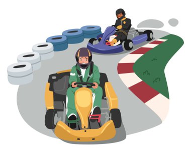 İnsanlar profesyonel kart yarışçıları çizgi film karakterleri şampiyonluk aktivitelerinin tadını çıkarıyorlar yarış arabası arabaları aşırı yol vektör ilüstrasyonunda. Motorsport yarışma etkinliği