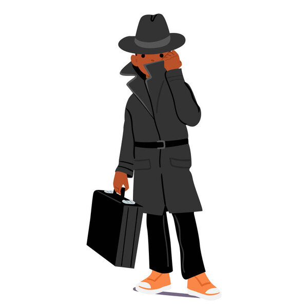 Серьёзный мальчик детектив мультяшный персонаж в модном костюме секретного агента, разговаривающего с датчиком прослушивания радио в воротнике пальто с портфелем в руке векторная иллюстрация изолирована на белом