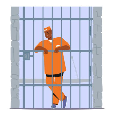 Kızgın, öfkeli, tutuklu, kanun kaçağı karikatür karakteri, turuncu tulum giyen, hapishane vektör ilüstrasyonunda parmaklıklar arkasında duran adam. Suçluların cezalandırılması, insanların hapsedilmesi