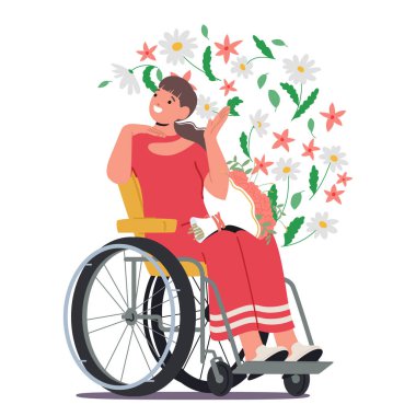 Özel ihtiyaçları olan mutlu kadın tekerlekli sandalyede oturmuş hayatın tadını çıkarıyor güzellik hayata seviniyor hayal kırıklığı yerine olumlu duygular hissediyor ve fiziksel engelli vektör illüstrasyonunu reddediyor.