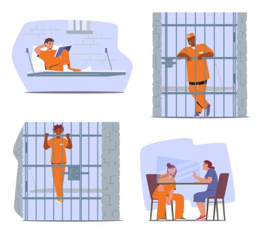 Mahkûm yaşam tarzı ve ceza mahkumu karikatürü sahne çizimi sırasında uğraşı. Erkek ve kadın suçlular kişisel eğitim, dinlenme, akrabalarla görüşme, günlük rutin hapisler.