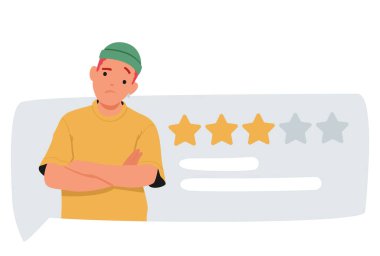 Genç çocuk blogger çizgi film karakteri konuşma balonu çizimindeki ortalama sıralama ve müşteri geribildirimi yüzünden mutsuz. Kalite değerlendirmesi ve müşteri bağlama sorunu