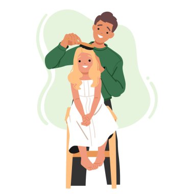 Babamızın, sevimli, güzel, uzun sarı saçlı kızını taramaktan keyif almasına sevindim. Sabah bakımı rutin çizgi film sahnesiyle meşgul. Mutlu aile, babalık ve bağlanma vektörü çizimi