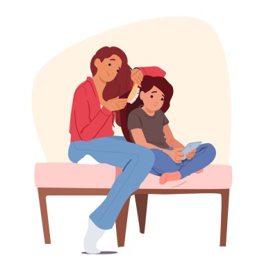 Genç anne, küçük kızının saçını tararken kız da mobil tablet çizgi film sahnesini izliyor. Anne ve çocuk arasındaki güzel ilişkiler, dikkat ve iletişim rutin vektör çizimi