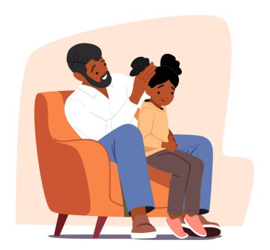 Baba, güzel küçük kızını parti tatili için hazırlıyor. Saçlarını tarıyor ve çizgi film sahnesini bağlıyor. Mutlu ebeveynlik ve çocukluk, bağlanma ve sevimli ilişkiler vektör illüstrasyonu