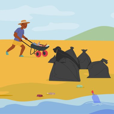 Deniz kıyısındaki vektör ilüstrasyonunda çevresel gönüllü aktivitelere katılan mutlu, tecrübeli bir çocuk. Sahildeki kum ve nehri temizledikten sonra çöp dolu el arabasını iten çocuk