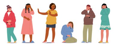 Stresli, üzgün, hamile kadın karakterlerin sağlık sorunları, psikolojik zihinsel sorunları ve hamilelik dönemi boyunca yaşadığı zorluklar. Stres ve depresyon taşıyıcı illüstrasyonunda çocuk sahibi kızlar