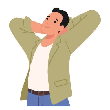 Düşünceli genç adam çizgi film karakteri planlaması gibi olumlu ve rahat bir şekilde karar veriyor. Düşünceli adam rüya görüyor, düşünce vektörü çizimlerini düşünüyor.