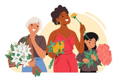 Çiçek açan yaşlı, yetişkin ve genç bayanlar, dünya çapındaki çeşitlilik eşitliği, 8 Mart bahar tatili veya doğum günü çizgi film çizimleri için bir araya gelip tebrik alıyorlar.