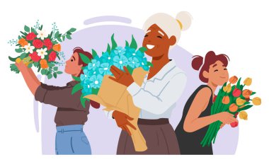 Farklı yaş ve etnik kökenlere sahip mutlu bir kadın. Çiçek kompozisyonu el ele tutuşmuş. Doğum gününde ya da uluslararası kadın gündüz vektör illüstrasyonunda çiçek alıyor. Aşk ve ilgi