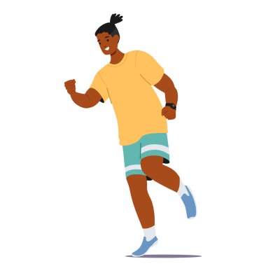 Genç sporcu günlük idman rutin çizimlerinin keyfini çıkarıyor. Erkek atlet çizgi film karakteri beyaz arka planda izole edilmiş spor aktivitesi ve kardiyo çalışması yapıyor.