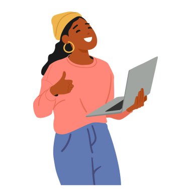Tatmin olmuş kadın web geliştiricisi başarılı bir otomatik yazılım testi vektör illüstrasyonundan sonra heyecanlanıyor. Genç bir kadın. Uzman. Dizüstü bilgisayarı var.