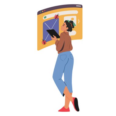 Kadın web programcısı çizgi film karakteri yazılım testi ve otomatik hata ayıklama teknolojisi çizimi kullanarak hataları düzeltiyor. Kadın ağ geliştirici kod gözden geçirme analizi yapıyor ve arama hataları yapıyor