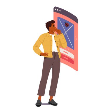 Yazılım test sürecinde e-posta vektör ilüstrasyonunda hata bulma konusunda düşünceli adam web geliştiricisi beyin fırtınası yapıyor. Posta kutusundaki tehlikeli mesaj belgesi, viral program algılaması