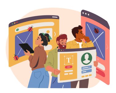 Programcılar beyin fırtınası yapıyor hataları kontrol ediyor, hataları düzeltiyor sanal sanal sanal siber uzay teknolojisi çizimi kullanarak yazılımı test ediyor. ui ux kod kalite güvencesi için profesyonel hizmet