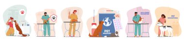 Veterinerlik kliniğinde hayvan aşısı, evcil hayvan sağlığı hizmetleri ve vektör illüstrasyonunda destek. Islak doktor şırıngaya aşı veriyor, kedi ve köpekleri tedavi ediyor.