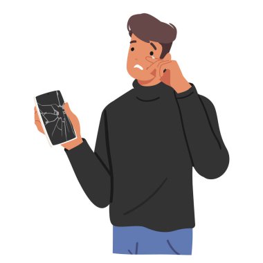 Genç adam çizgi film karakteri ağlıyordu. Beyaz arka planda kırık ekranlı akıllı telefondan dolayı üzüntüden ağlıyordu. Cep telefonu kırma problemi vektör çizimi