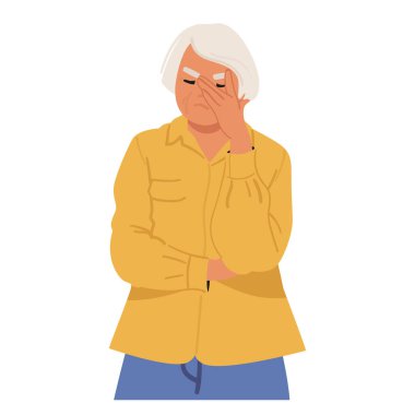 Yaşlı, emekli kadın çizgi film karakteri. Yüzüne avuç içi hareketi yapıyor. Hayal kırıklığına uğramış, kafası karışmış ve utanmış.