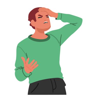 Gergin adam çizgi film karakteri, alnını kaplayan, eli öfke duyan, beyaz arka planda izole edilmiş öfkesini ifade eden facepalm jesti yapıyor. Duygusal tükenme, kendini yok etme vektörü çizimi