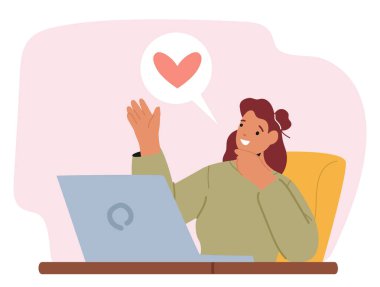 Genç meşgul anne çizgi film karakteri. Ev bilgisayarını kullanarak çalışıyor. İş kadını internet, kariyer ve annelik vektör illüstrasyonunda uzak işleri birleştiriyor.