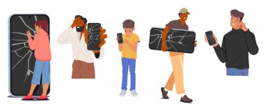 Yetişkinler ve çocuklar çizgi film karakterleri bozuk akıllı telefonlu dijital ekrana zarar verdiler üzgün ve mutsuz bir şekilde izole edildiler. Elektronik problemler, talihsizlik ve kötü kaza vektörü çizimi