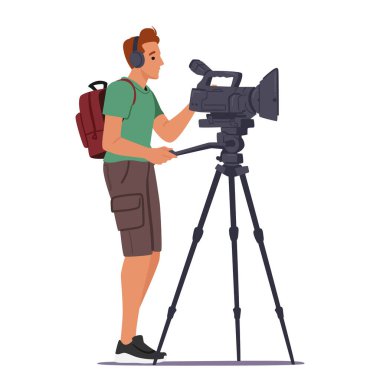 Kameralı genç blogcu röportaj yapıyor, sosyal medya içeriği için video çekiyor. Vloglama, seyahat, canlı yayın, film muhabirliği hobisi çizgi film vektör ilüstrasyonu
