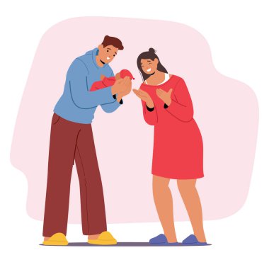Mutlu anne ve baba yeni doğmuş bebeği ellerinde tutarken sevgi ve hayranlık dolu karikatür sahneleri hissediyorlar. Barışçıl karı-koca, ebeveynlik vektörü illüstrasyonunu kutlarken olumlu duygular hissediyorlar.