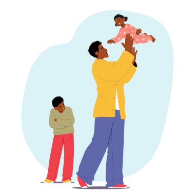 Kıskanç, mutsuz ilk çocuk gıpta ve öfkeyle bakan baba yeni doğan bebek vektör çizimi ile oynuyor. Ebeveynlik ve kardeş ilişkisinin psikolojik sorunu çizgi film sahnesi