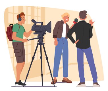 Profesyonel videograflı bir blog yazarı şehir sokaklarında canlı röportaj yapıyor. Sosyal medyada vlog veya blog için video içeriği oluşturan gençler iş adamı vektörü illüstrasyonuyla konuşuyor