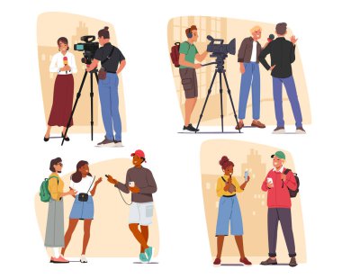 Halk blogcuları, kameramanlı gazeteciler şehir sokaklarındaki vektör illüstrasyonunda vatandaşlarla görüntülü röportaj yapıyorlar. Muhabir ve vlogger sakinlerle canlı yayın yapıyor