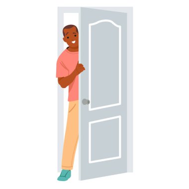 Curious man cartoon character peeking out doorway looking with smile on face standing behind door vector illustration. Positive interested guy peeping from entrance gate isolated on white background