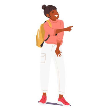 Teenage girl student cartoon character pointing finger laughing spreading gossips having aggressive conflict and bully behavior telling offensive joke vector illustration isolated on white background