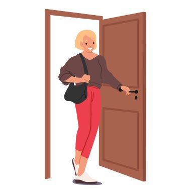 Attractive positive stylish adult woman worker cartoon character smiling walking doorway returns home or enters office room holding door handle vector illustration isolated on white background