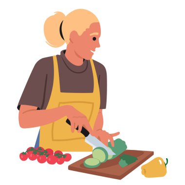 Mother housewife cartoon character cutting vegetable for fresh salad cooking dinner isolated on white background. Young woman enjoying food preparation process home chores vector illustration
