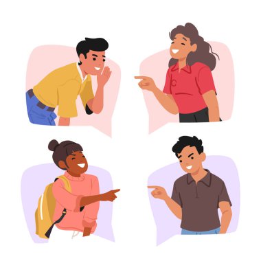 Naughty mocking teenagers cartoon characters spreading hate in social media bullying abusing peers inside speech bubble vector illustration. Teen children offending and blaming showcasing aggression