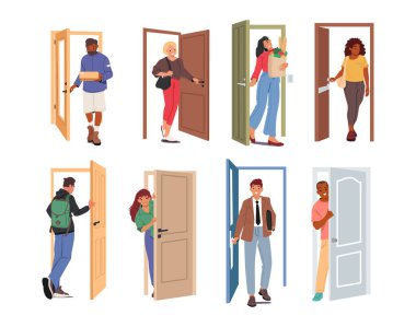 Diverse people of different age and job occupation come in and out of doors isolated cartoon set on white background. Housewife, businessman, student at entrance or exit doorway vector illustration