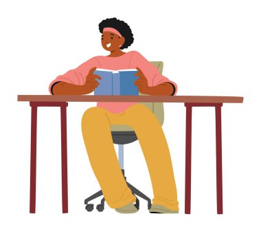 Mutlu motivasyonlu kız öğrenci çizgi film karakteri edebiyat dersinin keyfini çıkarıyor. Sınıfın masasında beyaz arka planda tek başına oturuyor. İlginç eğitim vektörü illüstrasyonu