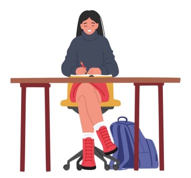 Zeki, mutlu, liseli kız çizgi film karakteri. Eğitim dersinde, beyaz arka planda, sınıf masasında tek başına oturuyor. Deneyimli eğitim vektörü illüstrasyonu