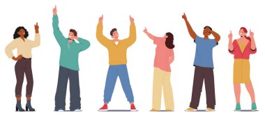 Karikatür karakterleri yukarı bakan farklı karakterler heyecanlı, tatmin edici ya da sürpriz yüz ifadesi izole edilmiş bir şey gösteriyorlar. Kadın ve erkek vektör illüstrasyonunu izliyor