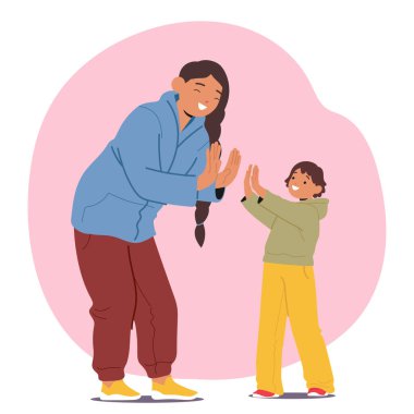 Anne ve oğlu pasta oyunu oynuyorlar. Birlikte eğleniyorlar. Heyecan verici duygu vektör illüstrasyonunu paylaşıyorlar. Mutlu annelik ve çocukluk, aile sevgisi ve bağlılık kavramı