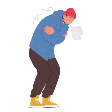 Genç adam çizgi film karakteri, kalın kıyafetler giyiyor, donuyor, titriyor, omuzlarına sarılıyor, beyaz arka planda izole halde. Kışın soğuk vektör illüstrasyonundan muzdarip stresli adam