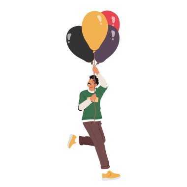 Deneyimli bir çizgi film karakteri elinde helyum balonları tutarak uçuyor. Beyaz arka planda yalıtılmış bir şekilde koşar gibi havada bacaklarını hareket ettiriyor. Tatil vektörü illüstrasyonunu kutlayan neşeli adam.