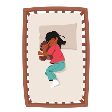 Sakin kız çocuk çizgi film karakteri oyuncak ayıcığa sarılıyor rahat, ahşap bir karyolada uyuyor. Mutlu çocukluk, sağlıklı ve konforlu gece dinlenme vektörü çizimi