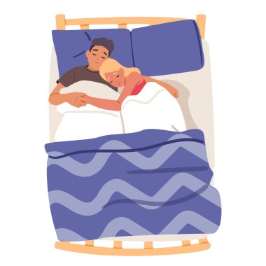 Mutlu, rahat, sevecen çizgi film karakteri rahat bir ev yatağı çiziminde uyuyor. Aile eşleri battaniyenin altında uzanıp huzur dolu gece manzarasının tadını çıkarıyorlar.