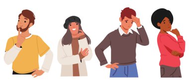 Genç insanlar farklı çizgi film karakterlerine sahip. Karmaşık karışık duygular hissediyorlar. Düşünceli, hayal kırıklığına uğramış erkek ve kadın çözüm arayışı içinde, karar vektörü çizimi yapıyorlar.