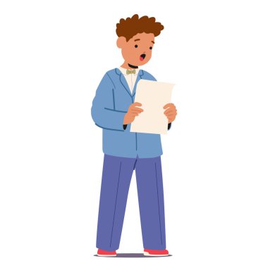 Zarif küçük centilmen çizgi film çocuğu çocuk karakteri beyaz kağıtta tek başına duran şarkı söylüyor. Okul öncesi çocuklar için sanatsal hobi ve müzik eğitimi vektör illüstrasyonu