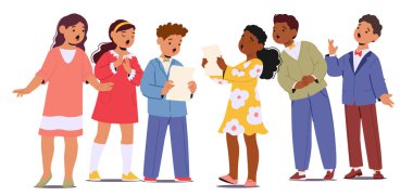 Sevimli, yetenekli anaokulu çocukları koroda şarkı söyleyen çizgi film karakterleri beyazlar üzerinde tek başlarına ayakta duruyorlar. Müzik okulundaki küçük çocuklar vokal performans temsili sergiliyor.