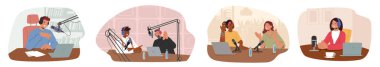 Yaratıcı genç blog yazarları ses podcast 'i kaydediyor ve beyaz arka planda izole edilmiş rahat profesyonel vektör illüstrasyonunda mikrofonla konuşan konuklarla röportaj yapıyor.