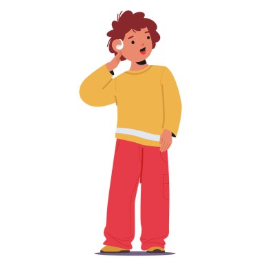 Sağırlığı olan küçük çocuk çizgi film karakteri beyaz arka planda izole edilmiş bir şekilde dinlemek için işitme cihazı kullanıyor. Ses duyusal vektör illüstrasyonlu mutlu sağır çocuk.